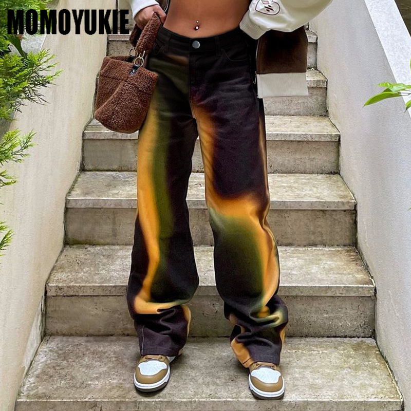Y2K Girl Vintage Tie Dye Women Pants Fashion Gradient Rainbow Print Trousers High-waist Loose Casual Hip Hop Streetw